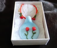 Image 2 of Glass rose pendant and earings set. Handmade here in the USA. Solid Borosilicate glass