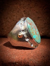 Image 4 of WL&A Handmade Sterling & 18k Gold - Gem Grade Red Webbed Bisbee Turquoise Signet Ring - Size 10