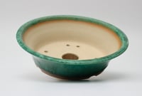 Image 3 of Round bonsai pot in a matte copper green glaze. D.177mm