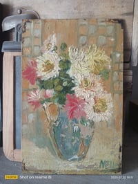 Image 1 of Peinture à l'huile sur carton, bouquet de fleurs.