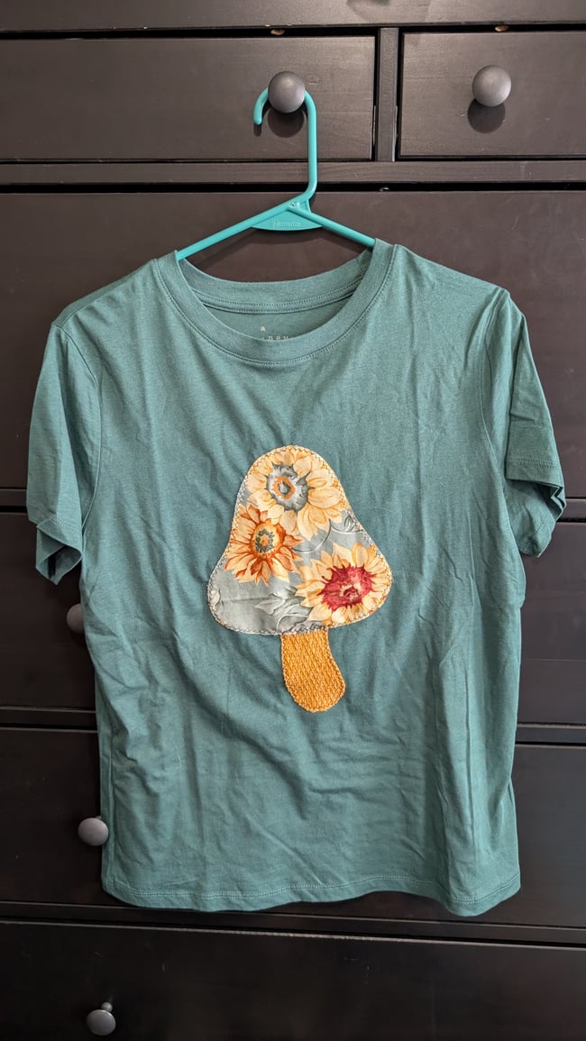 Sage Green Sunflower Upcycled Mushroom T-Shirt