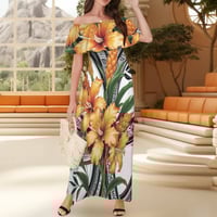 Image 2 of Women's Off Shoulder Ruggled Maxi Dress- Hibiscus and Torch Ginger Tribal Print