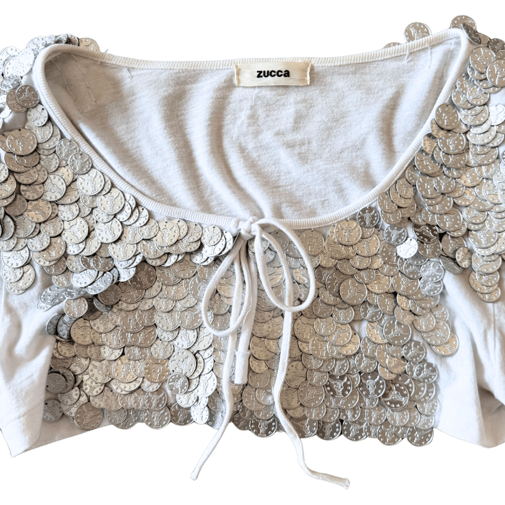 Image of ZUCCA SILVER COINS TIE FRONT 3/4 SLEEVE TOP