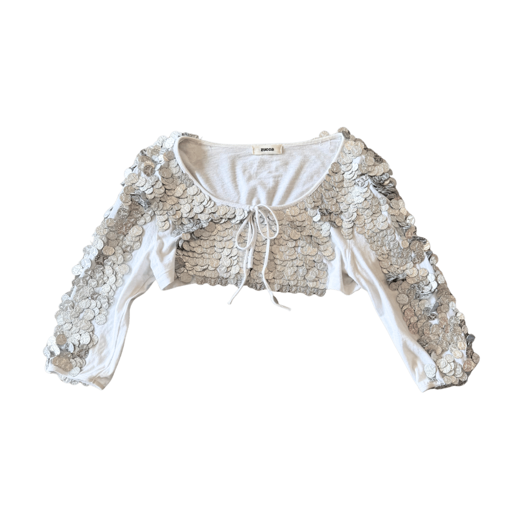 Image of ZUCCA SILVER COINS TIE FRONT 3/4 SLEEVE TOP