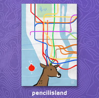 Image 1 of NYC Christmas Reindeer Subway Map Glossy 4x6 Greeting Card
