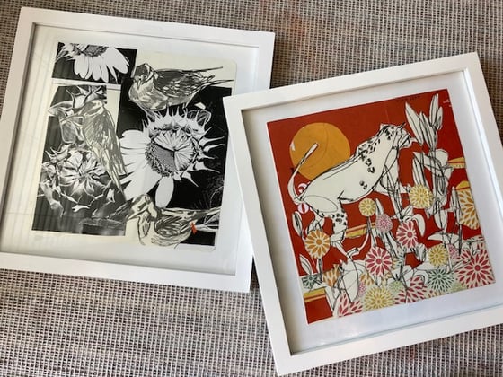 Image of Breezeway Birds| Red Cougar |2 Blue Horses, Orange Flowers