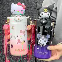 Image 1 of Kitty Insulated Water Bottle – 600ml Leakproof Thermal Cup with Strap & Straw – Pastel Pink