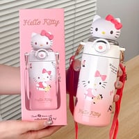Image 2 of Kitty Insulated Water Bottle – 600ml Leakproof Thermal Cup with Strap & Straw – Pastel Pink
