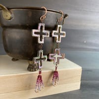 Image 2 of Abalone and pink beaded earrings - copper paua shell abalone earrings
