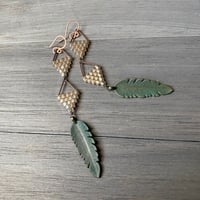 Image 3 of Golden patina feather earrings - mixed metal earrings
