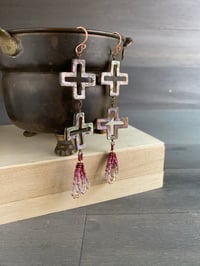 Image 3 of Abalone and pink beaded earrings - copper paua shell abalone earrings