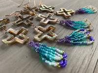 Image 5 of Abalone and pink beaded earrings - copper paua shell abalone earrings