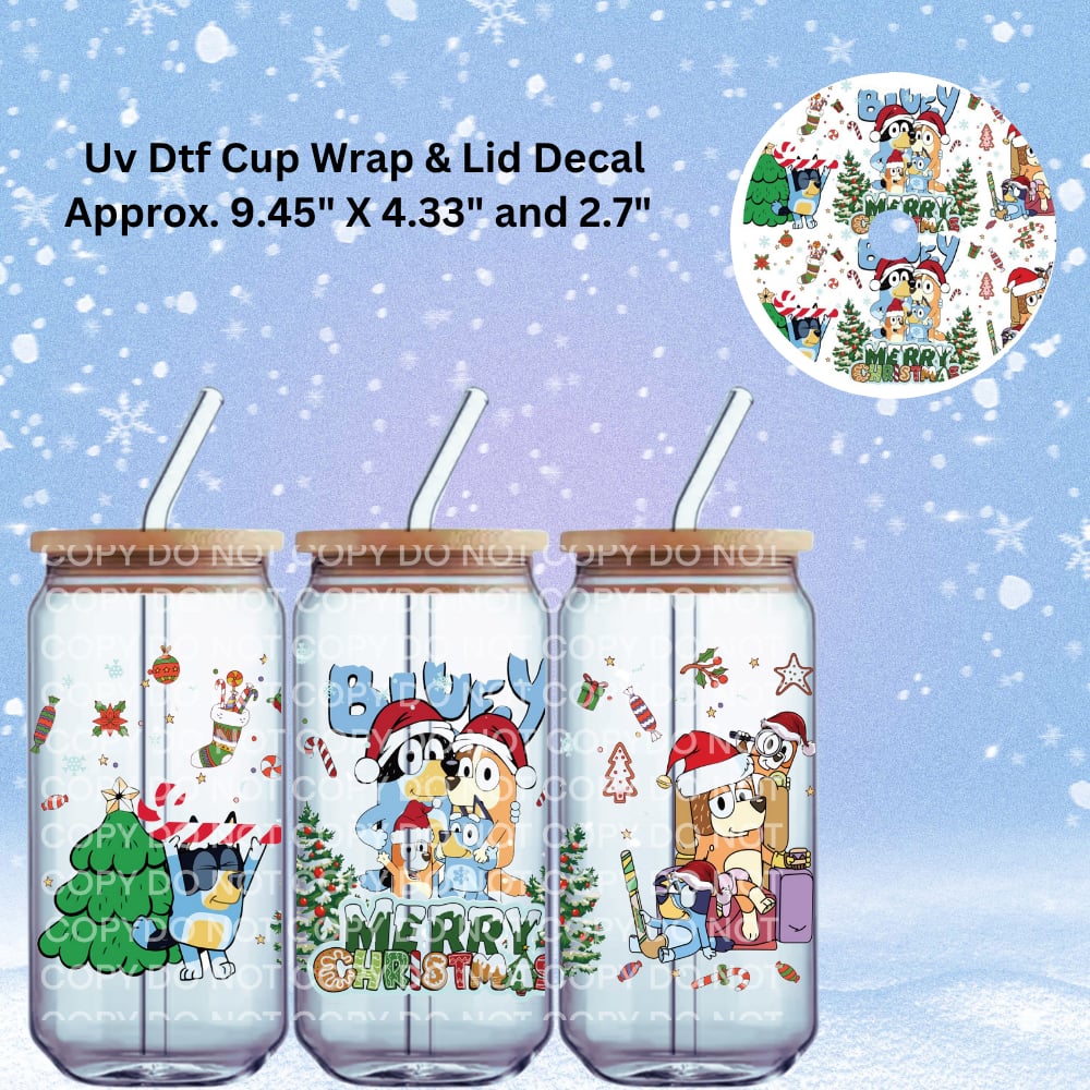 Image of Bluey Merry Christmas Uv Dtf Wrap & Lid Decal   W1094
