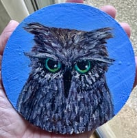 Image 1 of Blue Eyes Owl magnet. Original Painting on Reclaimed Wood 3.5" Round. Strong hold. Signed and dated.
