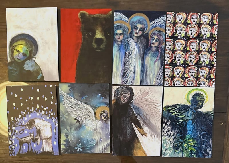 Set of 8 signed print postcards by Sheila Cameron — Angels, Bear, Cat, Deer