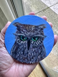Image 3 of Blue Eyes Owl magnet. Original Painting on Reclaimed Wood 3.5" Round. Strong hold. Signed and dated.