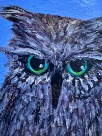 Image 4 of Blue Eyes Owl magnet. Original Painting on Reclaimed Wood 3.5" Round. Strong hold. Signed and dated.