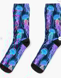 Image 1 of Luminescent Rainbow Jellyfish on Navy Blue Socks