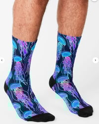 Image 2 of Luminescent Rainbow Jellyfish on Navy Blue Socks