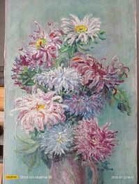 Image 5 of Ancienne peinture sur toile, bouquet de dahlias.