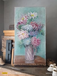 Image 6 of Ancienne peinture sur toile, bouquet de dahlias.