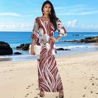 Image 1 of Women's 2 Piece- Round Neck Ruffled Blouse with Elastic Waist Slim Skirt- Maroon Hibiscus Tribal 