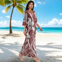 Image 2 of Women's 2 Piece- Round Neck Ruffled Blouse with Elastic Waist Slim Skirt- Maroon Hibiscus Tribal 