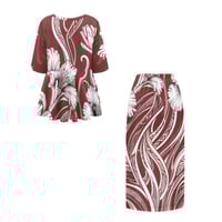 Image 4 of Women's 2 Piece- Round Neck Ruffled Blouse with Elastic Waist Slim Skirt- Maroon Hibiscus Tribal 