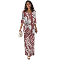 Image 5 of Women's 2 Piece- Round Neck Ruffled Blouse with Elastic Waist Slim Skirt- Maroon Hibiscus Tribal 