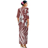 Image 6 of Women's 2 Piece- Round Neck Ruffled Blouse with Elastic Waist Slim Skirt- Maroon Hibiscus Tribal 