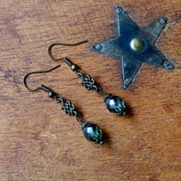 Image 2 of Ancient Knot Earrings with Czech Glass Beads in Teal Lustre & Bronze