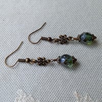 Image 4 of Ancient Knot Earrings with Czech Glass Beads in Teal Lustre & Bronze