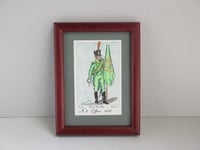 Image 1 of Vintage Small Watercolour Painted Engraving Print, Military Officer French Irish Regt 1811, Framed
