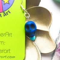 Image 3 of Green and Blue Mismatched Howlite and Glass Skull Earrings