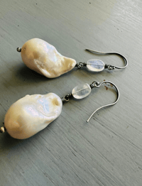 Image 2 of Huge Baroque Pearl And Rainbow Moonstone Earrings