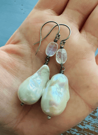 Image 3 of Huge Baroque Pearl And Rainbow Moonstone Earrings