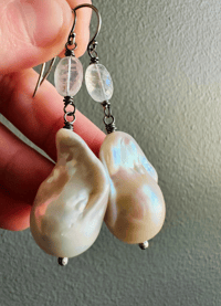 Image 7 of Huge Baroque Pearl And Rainbow Moonstone Earrings
