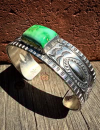 Image 2 of WL&A Handmade Ingot Old Style Repoussé Emerald Desert Turquoise Cuff - Size 7" to 7.5" Wrist 