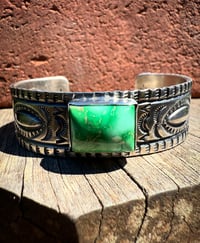 Image 1 of WL&A Handmade Ingot Old Style Repoussé Emerald Desert Turquoise Cuff - Size 7" to 7.5" Wrist 