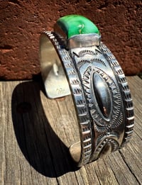 Image 3 of WL&A Handmade Ingot Old Style Repoussé Emerald Desert Turquoise Cuff - Size 7" to 7.5" Wrist 