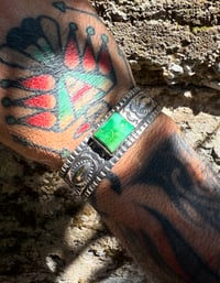 Image 4 of WL&A Handmade Ingot Old Style Repoussé Emerald Desert Turquoise Cuff - Size 7" to 7.5" Wrist 