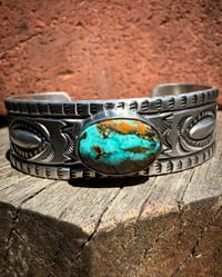 Image 1 of WL&A Handmade Ingot Old Style Repoussé Blue Royston Ribbon Cuff - Size 7" to 7.5" Wrist 
