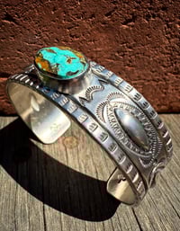 Image 4 of WL&A Handmade Ingot Old Style Repoussé Blue Royston Ribbon Cuff - Size 7" to 7.5" Wrist 