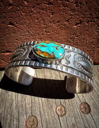 Image 2 of WL&A Handmade Ingot Old Style Repoussé Blue Royston Ribbon Cuff - Size 7" to 7.5" Wrist