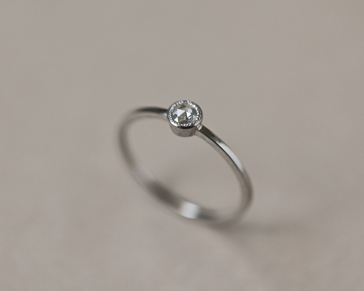 Image of Platinum 3mm rose-cut diamond ring with ‘Milled edge’ setting (LON254)