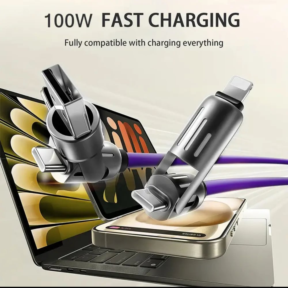 Image of 4-in-1 100W Fast Charging USB-C Cable Silicone & Aluminum Alloy, Data Sync Cord for iPhone,Samsung