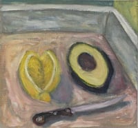 Cut Lemon and Avocado with Backsplash, 2025. Oil on linen.  12 x 12 x 1.5 inches