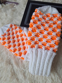 Image 1 of White and Orange Newfie Mittens