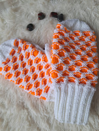 Image 2 of White and Orange Newfie Mittens