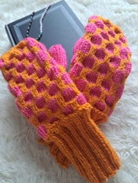 Image 1 of Orange and Pink Newfie Mittens